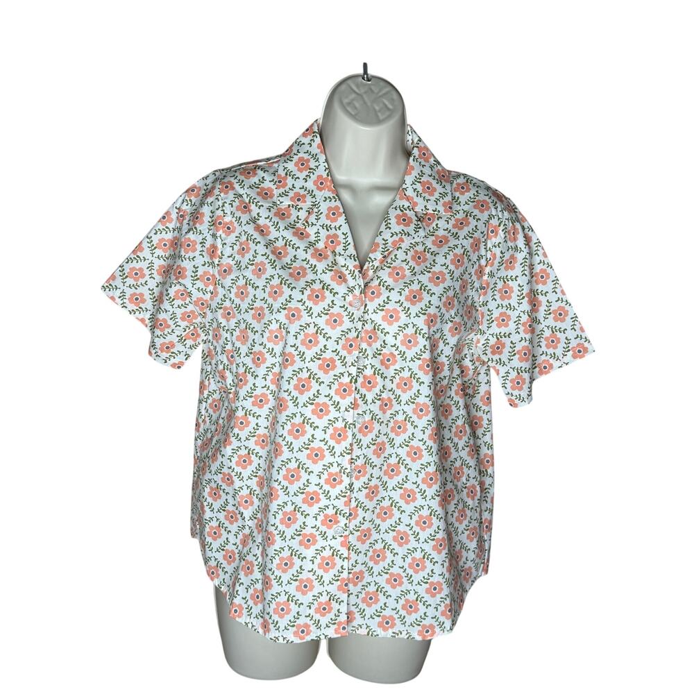 Unique Vintage Tulip B White Pink Floral Button Up Short Sleeve Blouse M NWT